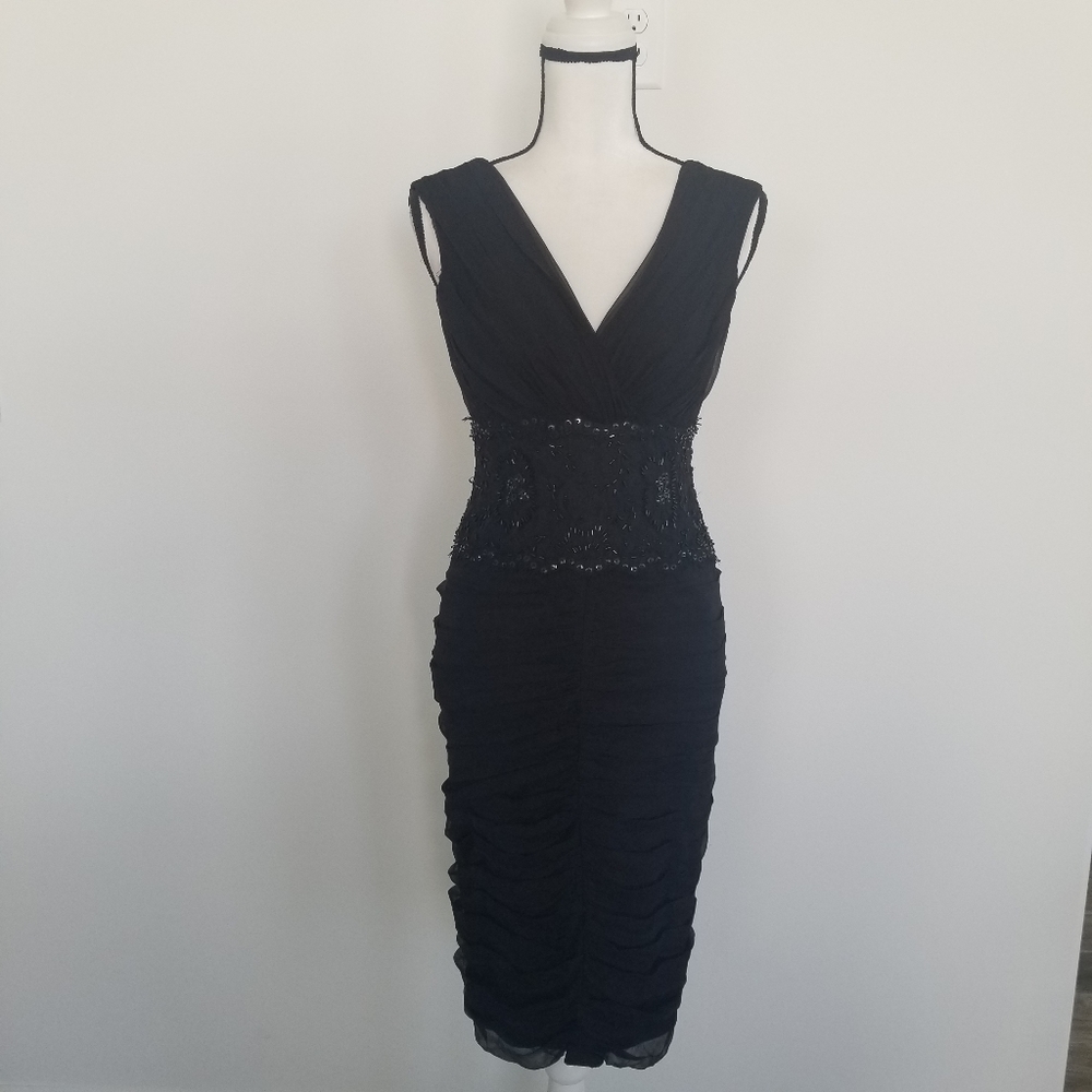 Tadashi Shoji Silk Chiffon Dress Pleated Beaded Size 2 black